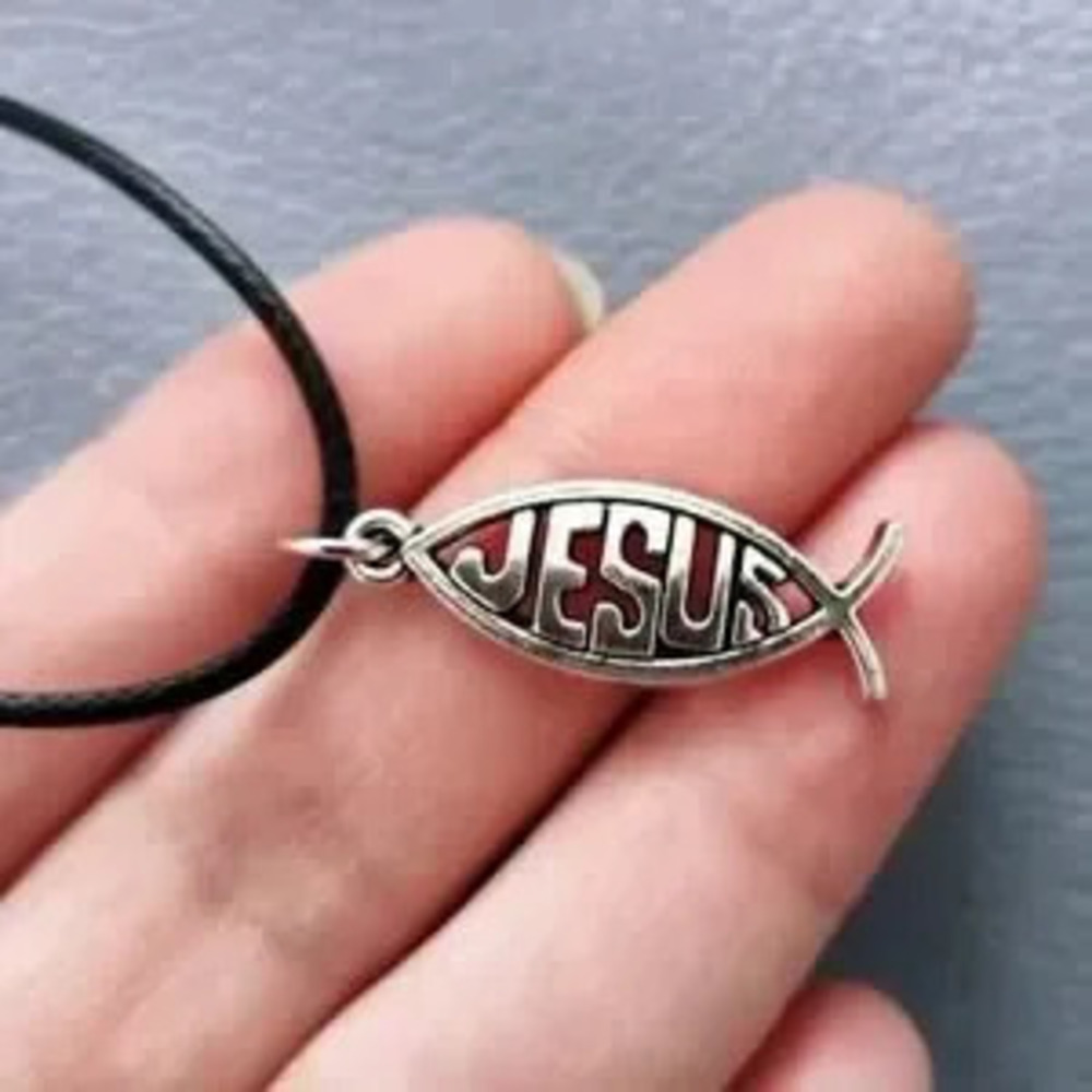 Christian Ichthys Jesus Fish Pendant Necklace Silver Tone Black Cord